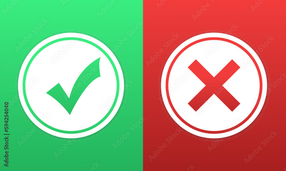 Poster tick and cross buttons labeled mockup or modern devices ui template - green and red. check marks yes