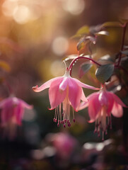 Fototapeta na wymiar Pink fuchsia flowers in the sunlight. Generative AI