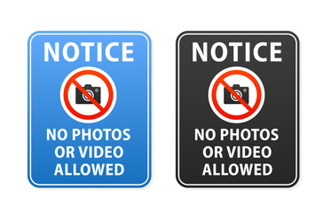 No photos or video allowed sign notice. Photo camera forbidden. Flat style. Vector illustration