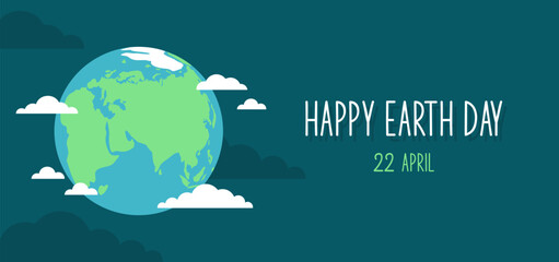 Happy Earth Day banner. Globe of the planet Earth with clouds around and typography on a dark blue background. Flat vector illustration