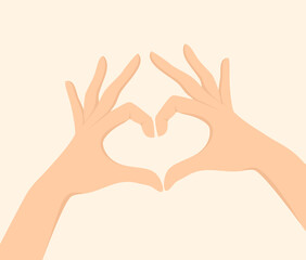 Two hands showing a heart sign on a beige background. Vector illustration in flat style