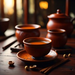 healthy Chinese tea on a wooden table, clay cup, blurry light, warm feeling. Generative AI