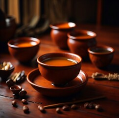 Obraz na płótnie Canvas healthy Chinese tea on a wooden table, clay cup, blurry light, warm feeling. Generative AI