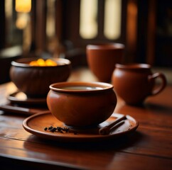 Fototapeta na wymiar healthy Chinese tea on a wooden table, clay cup, blurry light, warm feeling. Generative AI
