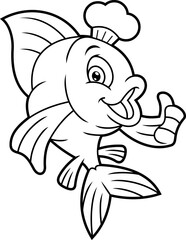 Outlined Fish Chef Cartoon Character Showing Thumbs Up. Vector Hand Drawn Illustration Isolated On Transparent Background