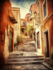 Fototapeta na wymiar Street in a greek town with stairs and a lamp. Generative AI