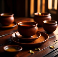 healthy Chinese tea on a wooden table, clay cup, blurry light, warm feeling. Generative AI