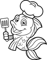 Outlined Cute Fish Chef Cartoon Character Holding A Slotted Spatula. Vector Hand Drawn Illustration Isolated On Transparent Background