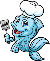 Cute Fish Chef Cartoon Character Holding A Slotted Spatula. Vector Hand Drawn Illustration Isolated On Transparent Background