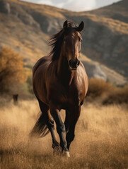 Fototapeta na wymiar Brown horse galloping through a field with mountains in the background. Generative AI