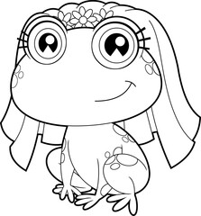 Outlined Cute Female Bride Frog Cartoon Character. Vector Hand Drawn Illustration Isolated On Transparent Background