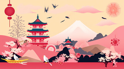 colorful japanese illustration design of nature, buildings and wild life. generative ai