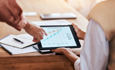 Business people, hands and tablet pointing to data, graph or chart for analytics or corporate statistics at office. Hand of marketing team in analysis looking at company profit, margin or increase - obrazy, fototapety, plakaty