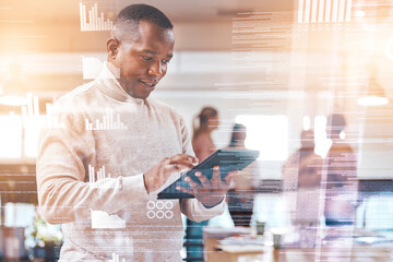 Business man, tablet and overlay graphic in office for fintech app, budget and cybersecurity at startup. African businessman, mobile touchscreen and financial data with holographic ux for planning