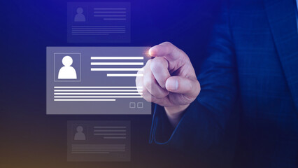 Human resources manager choosing professional profile to hire on virtual screen interface, recruitment concept. Businessman hand pointing icon resource (HR) management concept