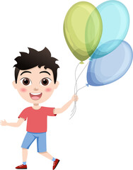 kids, little boy jump with colorful balloons on white background, cartoon illustration, vector. Birthday.Cute children having fun on birthday party. happy kids greeting card celebrate birthday vector