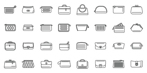 Cosmetic bag icons set outline vector. Barber beauty. Zip case - obrazy, fototapety, plakaty