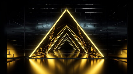 Abstract geometric background with yellow neon triangular frame, metallic polygonal, wall with faceted texture and liquid stage floor with reflection.