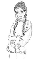 Young beautiful girl. Two braids. Zentangle style. Black and white doodle coloring book page for adult and children.