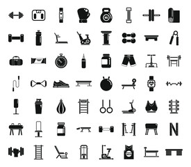 Fitness equipment icons set simple vector. Active gym. Muscle diet