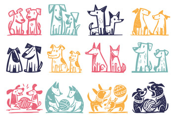 Coloful couples of dogs illustrations that remind us vintage children books but at the same time illustrations look modern, Hand Drawn, minimal, isolated, vector, monochrome linocut