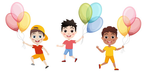 kids, little boys jump with colorful balloons on white background, cartoon illustration, vector. Birthday.Cute children having fun on birthday party.happy kids greeting card celebrate birthday vector