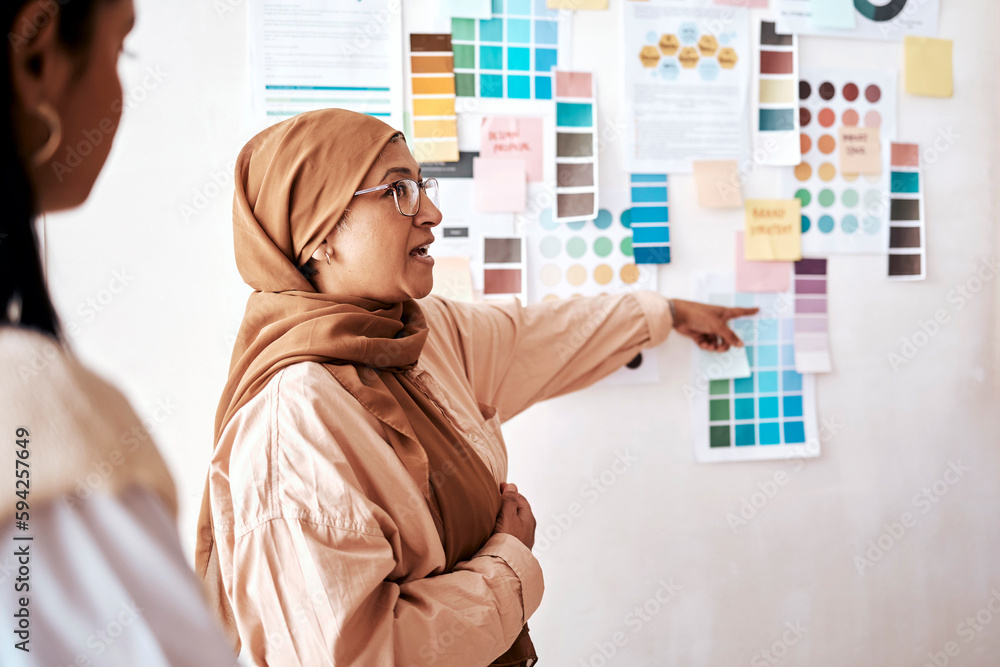 Wall mural strategy, collaboration and presentation with a business muslim woman talking to her team in the off