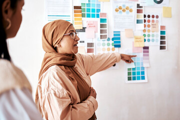 Strategy, collaboration and presentation with a business muslim woman talking to her team in the...