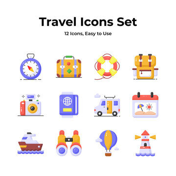 A comprehensive travel icons set featuring a backpack, compass, camera, suitcase, and minibus, symbolizing wanderlust, direction, memories, mobility, and adventure