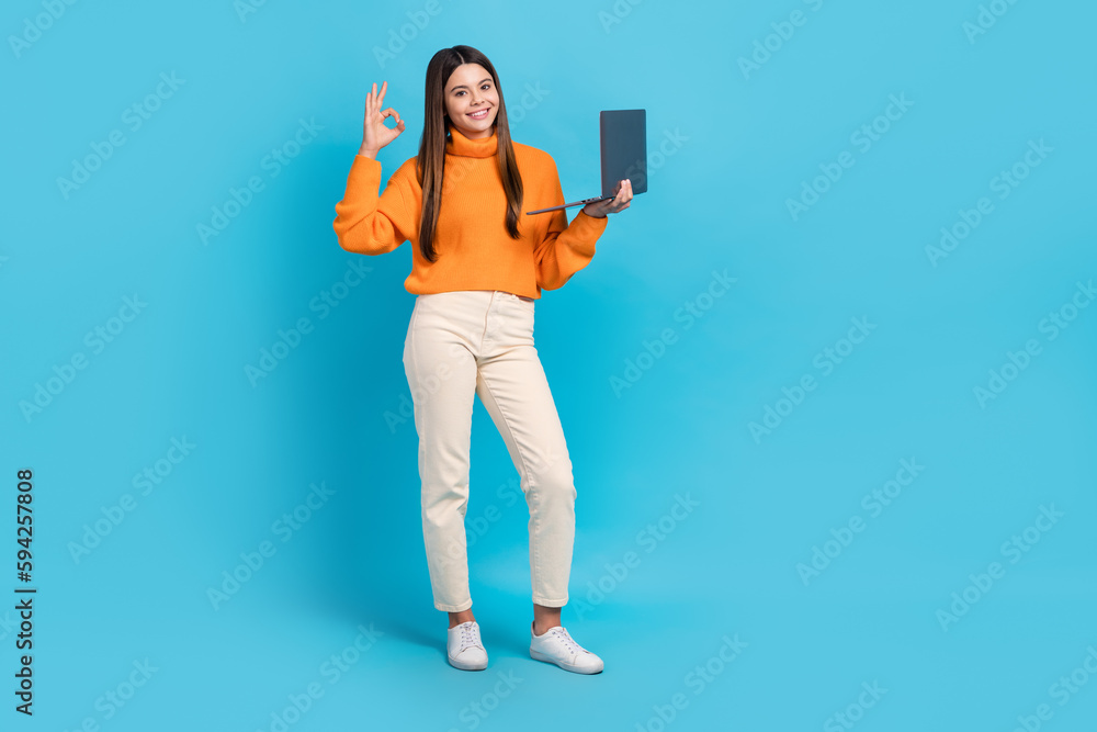 Canvas Prints Full body portrait of cheerful nice person hold netbook show okey symbol isolated on blue color background