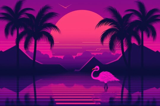 Purple and Neon Flamingo Giving Futuristic 1980s Summer Vibes. Created using ai generative.
