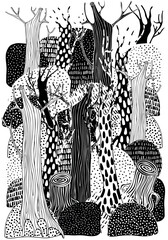 Black and white forest landscape. Trees. Eco theme. Pattern for coloring book. Hand-drawn, ethnic, retro, doodle, vector, zentangle vector.