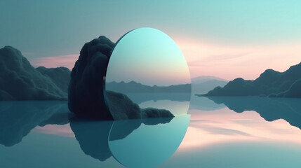 abstract minimalist background, nordic futuristic landscape, fantastic tranquil seascape with calm water, round mirror disk and pastel blue gradient sky. Fantasy scene. Generative AI.