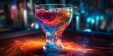 Unearthy antigravity cocktail resting on the counter, with colorful turbulence, mixes realistic and fantastical elements, rainbowcore, dark orange and light blue. AI generated image