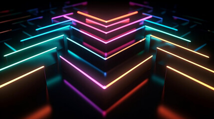 Abstract minimalist geometric background. Colorful neon arrow, linear sign. Export metaphor. Neon Design. Generative AI.