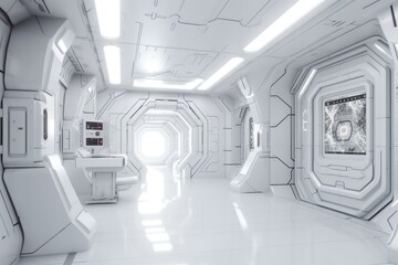 White sci-fi hallway interior with computer and monitor screen on the wall. Generative Ai - obrazy, fototapety, plakaty