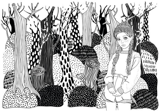 Black and white Coloring Book for Adults. Girl with long hair in the forest. Trees and mountain views. Anxiety Relief. Vector.