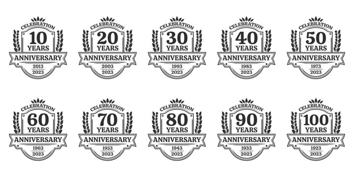 10, 20, 30, 40, 50, 60, 70, 80, 90, 100 years anniversary icon or logo. Vintage birthday banner design with laurel wreath. 10th anniversary yubilee celebration badge or label collection. Vector illust