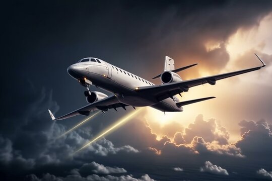 Airplane flying through storm clouds with lightning. Private jet catastrophe generate ai. Generative AI