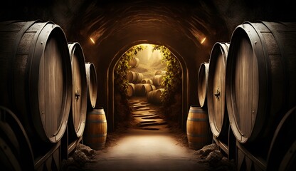wine cellar with barrels created using AI Generative Technology