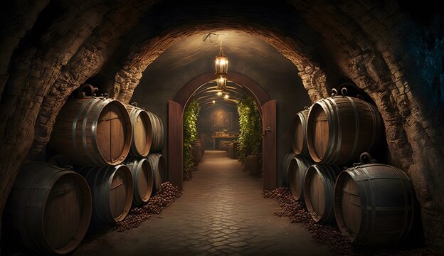 wine cellar with barrels created using AI Generative Technology