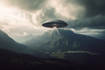 Fototapeta na wymiar Alien spaceship landing on earth with clouds and mountains, created using generative ai technology
