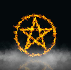 ring and star of fire in black smoke background