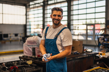 Car service, repair, maintenance and people concept - auto mechanic man or smith cleaning his hands with wipe at workshop