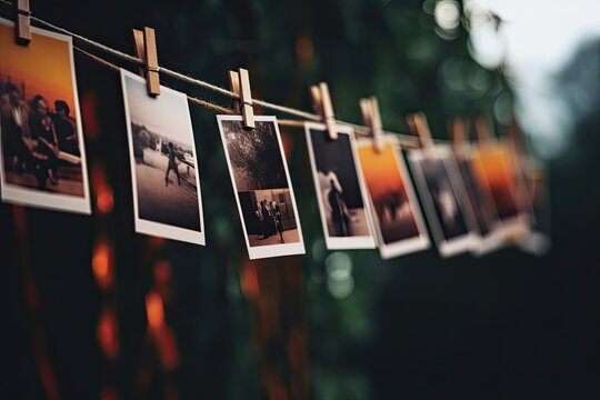Polaroid pictures hanging on rope