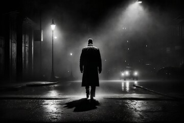 man walking in the night street. illustration. Generative AI.