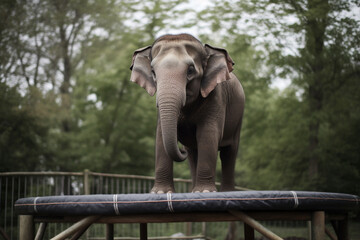 cool elephant standing on a trampoline