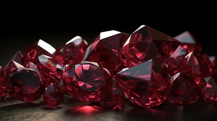 A large pile of glittering, deep red diamonds