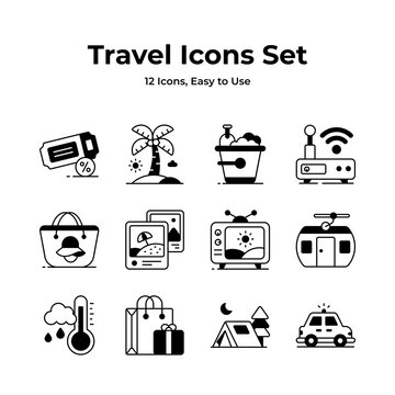 An essential travel icons collection with a island, beach bag, and cable car, indicating wanderlust, mobility, and adventure