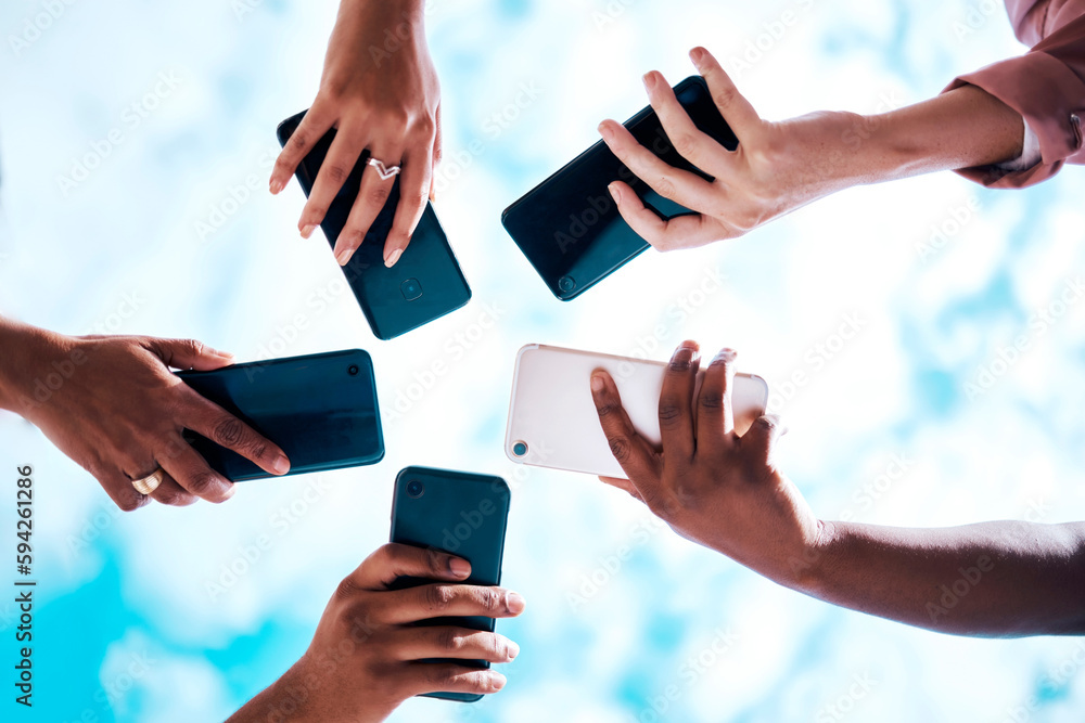 Aufkleber Connection, below and hands with phone on a blue sky for social network, communication and sharing. Bluetooth, friends and group with mobile for an app share, cloud computing and circle networking
